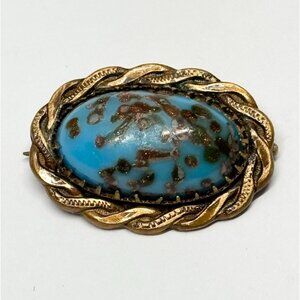 Estate brass speckled art glass brooch pin